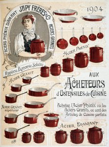 Till köpare av köksredskap. Köp Phenix Steel eller Granit Steel, det här är perfekta köksartiklar - Reklametikett av French School