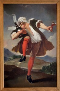 Till de tre återförenade orden. En man som representerar prästen, noblessen och tredje staten håller i ett glas rött vin och kysser en flaska. Målat skylt av vinhandlare. Anonym målning, revolutionerande period av French School