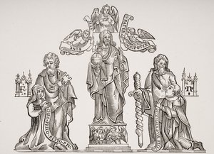 Gravdekoration föreställande Nicholas Flamel (c.1330-c.1418) och hans hustru Pernelle, efter dekorationer på de oskyldigas kyrkogård, Paris, från Le Moyen Age et La Renaissance av Paul Lacroix (1806-84) av French School