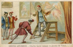 Handelskort med Charles Quint som tar upp Titians pensel (kromolit) av French School