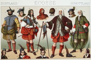 Traditionella skotska dräkter - i "" Le costume historique"" av Racinet av French School