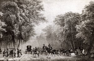 Trafik i Paris, Frankrike, på 1800-talet, cirka 1830 av French School