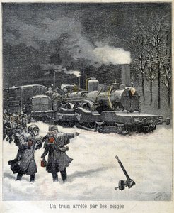 Tåget tvingades stanna av snö. Illustration av tidningen "" Le Petit Parisien"" från mars 1892. av French School