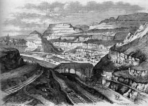 Förvandlingar av Paris under det andra imperiet, Haussmannska Paris: förvandling till en park av Buttes-Chaumonts gipsbrott (Buttes Chaumont). Gravyr i ""Le Monde Illustre"" nr 306 den 21 februari 1863. av French School