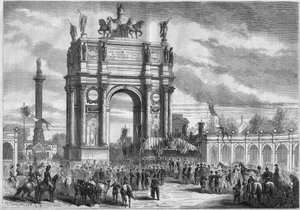 Förvandlingar av Paris under det andra imperiet, Haussmann Paris: triumfbåge vid invigningen av Boulevard du Prince Eugene (idag Boulevard Voltaire) av Napoleon III. Gravyr i "" Le Monde Illustré"" nr 296 av 13 december 1862. av French School