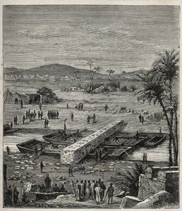 Transport av obelisken av Ptolemaios Philadelph (Ptolemaios Philadelphos) (Ptolemaios II) på Nilen till Alexandria - Gravyr i "" Vetenskaper tillgängliga för alla - Populär fysik och kemi"" av Alexis Clerc - Slutet av 1800-talet - Privat samling av French School