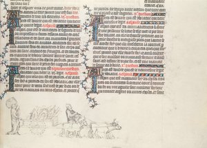 Transportera tillhörigheter i en oxdragen vagn, ofärdiga miniatyr från The Bible of Jean de Sy, ca 1355