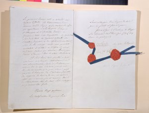Fördrag mellan Napoleon I (1769-1821) och kejsar Franz II (1768-1835), undertecknat i Presburg den 26 december 1805 (penna och bläck på papper) av French School
