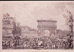 De franska trupperna under Napoleon Bonaparte intar Milano i triumf den 15 maj av French School