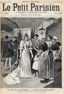 Prova toaletten i verkstaden på tröskeln till Mi Careme Fete (Mi-Careme): drottningen av blekningsmedel. En av tidningarna "Le Petit Parisien"" den 12/03/1893 (gravyr) av French School
