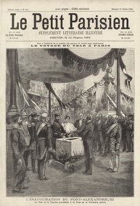 Tsar Nicholas II och Tsarina Alexandra av Ryssland vid en ceremoni som lägger den första stenen till Pont Alexandre III i Paris under deras besök i Frankrike av French School