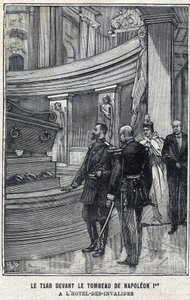 Tsar Nicholas II av Ryssland (1868 -1918) och Tsarina Alexandra Fiodorovna Romanova (1872-1918) framför Napoleon I Bonapartes grav på Hotel des Invalides i Paris, i "Le Petit Parisien" av French School