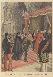 Tsar Nikolaj II av Ryssland vid Reims katedral under sitt besök i Frankrike (färg litho) av French School