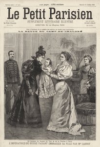 Tsarina Alexandra av Ryssland bjuder in Frankrikes president Sadi Carnots änka att kyssa sin dotter, storhertiginnan Olga, under den ryska kejsarfamiljens besök i Paris av French School