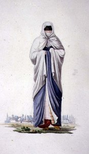 Turkisk kvinna från Smirna, troligen efter kusineri, ottomansk tid, 1700-talets tredje kvartal (akvarell på papper) av French School