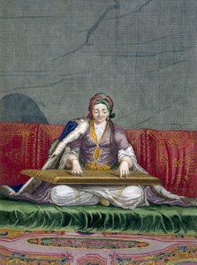 Turkisk flicka som spelar ett klaviaturplockande instrument, från Collection of One Hundred Prints Representing the Different Nations of the Levant av Charles de Ferriol, graverad av Gerard Scotin (1671-1716) av French School