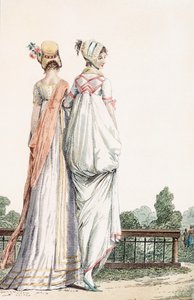 Två damer i promenadklänningar, 1796 99:female; traditionell kostym; traditionell klänning; mode; c18:e; gående; tillbaka; vita klänningar; hätta; motorhuvar; hattar; parkera; trädgård; av French School