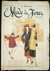 Två kvinnor och en liten flicka i en park, illustration från 