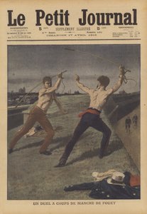 Två taxichaufförer utkämpar en duell med sina hästpiskor (färg litho) av French School