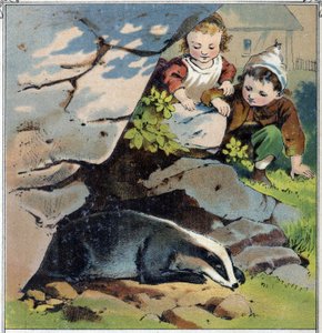 Två barn observerar en grävling i sin håla. Kromolitografi från "" Childhood Scenes"" ed. Guerin - Muller cirka 1885. av French School