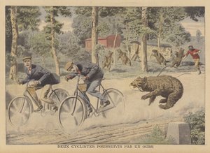 Två cyklister jagade av en förrymd björn (färg litho) av French School