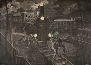 Två män påkörda av ett tåg illustration från Le Petit Journal: Supplement illustre, 1898 av French School