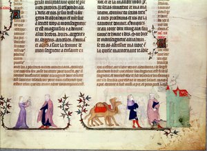 Två scener ur berättelsen om Rebecca vid brunnen, från The Bible of Jean de Sy, c.1355 av French School