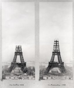 Två vyer av byggandet av Eiffeltornet, Paris, 14 oktober och 14 november 1888 av French School