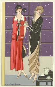 Två kvinnor som dricker te och klädde sig i design av Jean Patou och Beer, från puben Art-Goût-Beauté. 1924 av French School