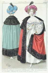 Två kvinnor med turbaner, klänningar och kappor av kashmir, från Costumes Parisiens, 1831 av French School