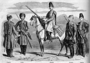 Typer och uniformer för den speciella eskorten av Rysslands kejsare. Från vänster till höger: Trumpet, kosack, muslim, tjerkassisk och lesgisk. Gravyr i "" Le Monde Illustré"" nr 153 av 17 mars 1860. av French School