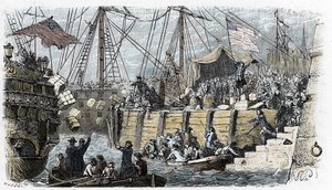 USA:s frihetskriget: revolt från amerikanska bosättare (av Storbritanniens ursprung) mot skatter som införts av det engelska parlamentet på te och andra livsmedel. De förkläder sig till indianer och kastar lasten av teet i havet efter att ha kommit in i co av French School
