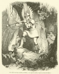 En chef för Coroados Savages, i Brasilien, The Signal for Combat (gravyr) av French School