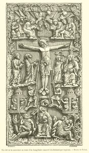 Ena sidan av elfenbensomslaget till ett evangelium bevarat i det kejserliga biblioteket (gravyr) av French School