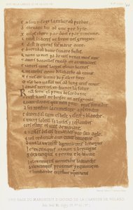 En sida från Oxford-manuskriptet till Rolands sång (färg litho) av French School