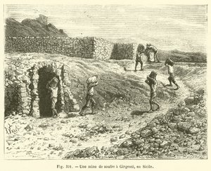 En svavelgruva i Girgenti, Sicilien (gravyr) av French School