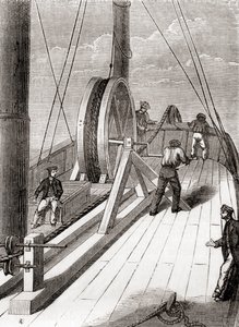 Avveckling av ubåtskabeln från Dover till Calais ombord på Blazer, 25 december 1851, från Les Merveilles de la Science, publicerad ca 1870 (gravyr) av French School