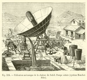 Mekanisk användning av solens värme, solpump, Mouchot-Pifre-system (gravyr) av French School