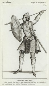 VII Century, Reign of Dagobert I, Militärdräkt (gravyr) av French School