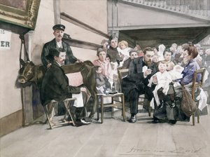 Vaccination av spädbarn vid Institut de la Vaccine, Paris, ca 1900 (wc på papper) av French School