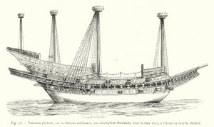Fartyg med, på sitt nedre batteri, en flamländsk inskription, med datum 1523, vid Armeria real de Madrid (gravyr) av French School