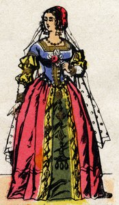 Valois-dynastin: Porträtt av Eleonore av Habsburg eller Österrike (1498-1558) Frankrikes drottning, fru till Francois I (1494-1547). Epinal avbildning från slutet av 1800-talet. Privat samling. av French School