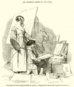 Van-Dyck får en teckningslektion av sin mamma (gravyr) av French School