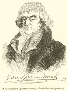Van Spaendonck, målare av blommor och faksimil av hans signatur (gravyr) av French School