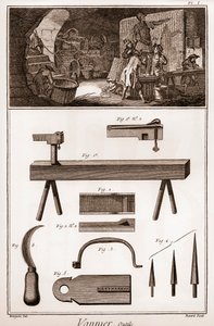 Vannier - verktyg - basketmakare - "" The Great Encyclopedia, eller Dictionnaire Raisonne des Sciences, des Arts et des Metiers" (Encyclopedia or Dictionary of the Sciences, Arts and Professions) av Denis Diderot (1713-1784) och Jean d