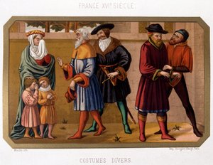 Borgerlighetens olika dräkter på 1500-talet - chromo. 1800-talet baserat på tidsskrift av French School