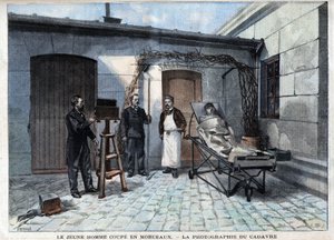 Olika fakta: fotografiet av liket skuren i bitar av Alphonse Bertillon (1853-1914), en fransk vetenskapsman, skapare av antropometri. - i "" Le Petitle Parisien"" av French School