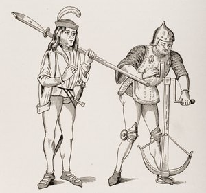 Varlet eller Squire som bär en tjockbladig hellebard och en bågskytt som drar ett armborstsnöre med dubbelhandsvinsch, efter en miniatyr från 1400-talet, från Le Moyen Age et La Renaissance av Paul Lacroix ( av French School