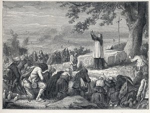 Vendee Wars (1793-1796): Präst-insatser som firar en mässa under en ek för den upproriska befolkningen som avvisar svurna präster. Gravyr från 1889. Privat samling. av French School