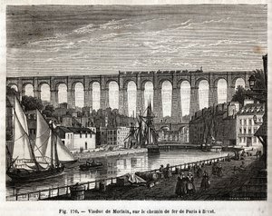 Morlaix Viaduct, på järnvägen från Paris till Brest (Frankrike). Gravyr av Lebreton et Marchand, i "" Les Merveilles de la Science"" av Louis Figuier (1819-1894), Jouvet et Cie-upplagan av French School